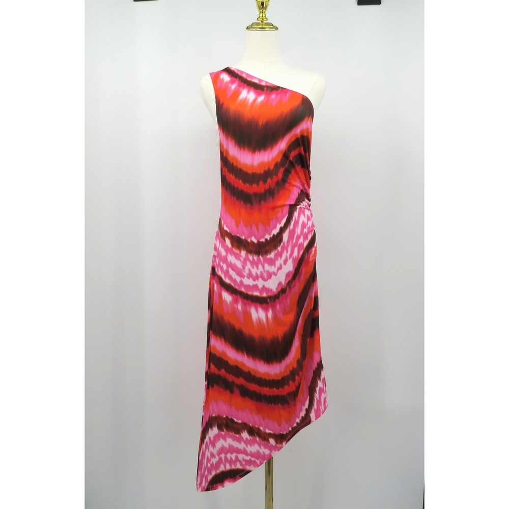 Venus Womens One Shoulder Ruched Midi Dress Pink Orange Ikat Tie Dye Small